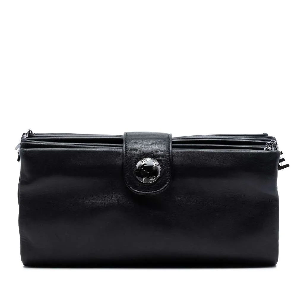 Chanel Lambskin Globe Emblem Clutch Black Leather Very good - Front View