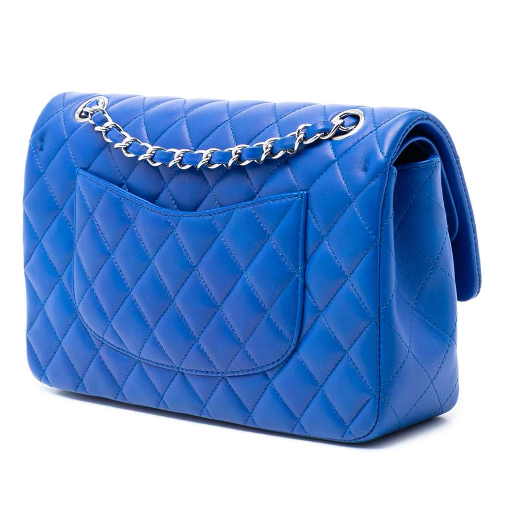 Chanel Medium Classic Lambskin Double Flap Blue Leather Good condition - Back View