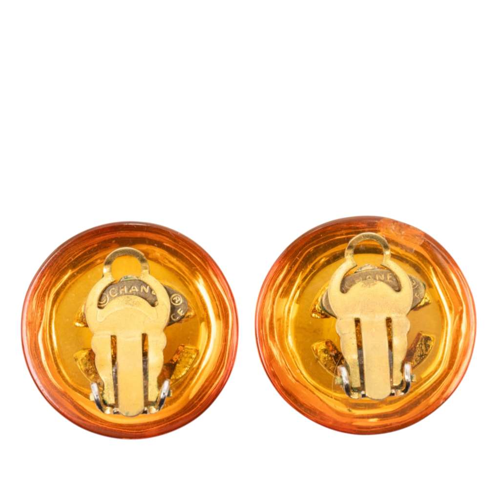 Chanel CC Gold Plated Resin Button Clip on Earrings Gold Metal Good condition - Back View