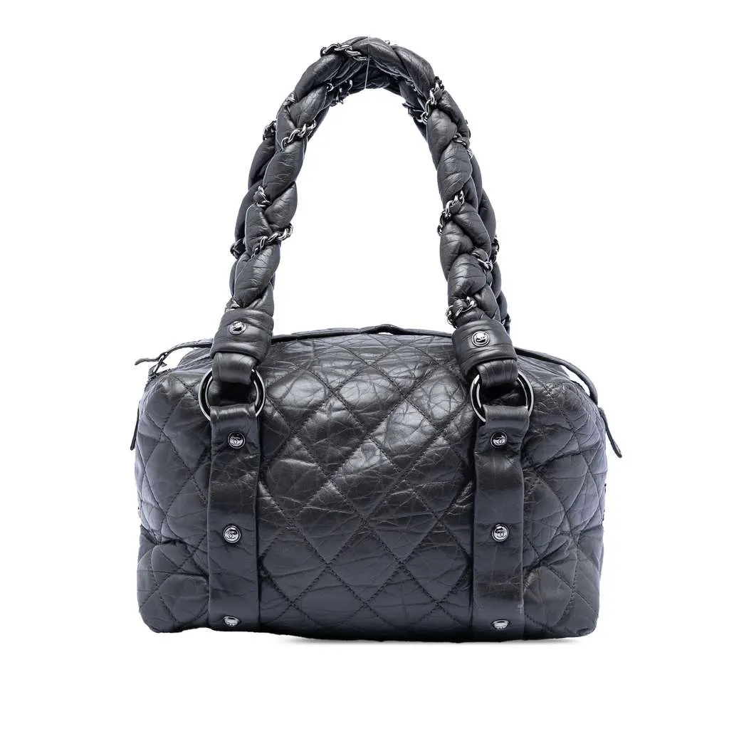 Chanel Small Distressed Lambskin Lady Braid Tote Black Leather Very good - Front View