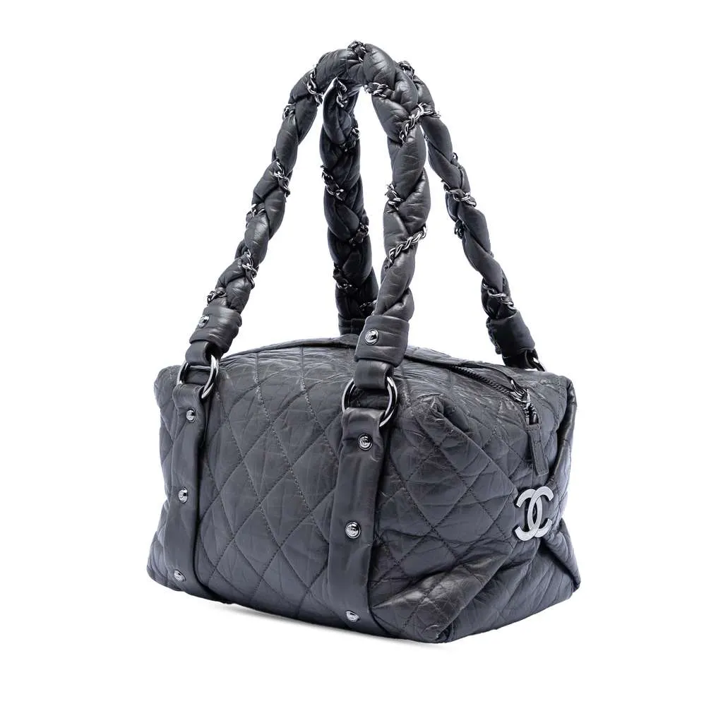 Chanel Small Distressed Lambskin Lady Braid Tote Black Leather Very good - Back View