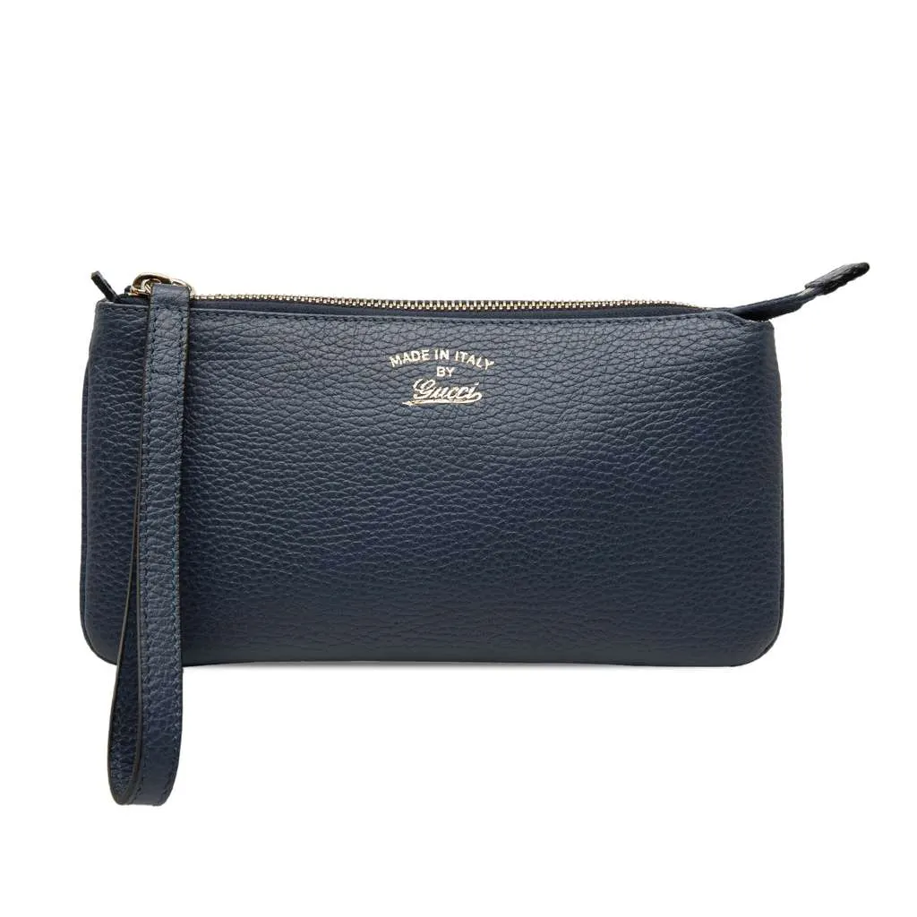 Gucci Pebbled Leather Swing Wristlet Pouch Blue Leather Very good - Front View