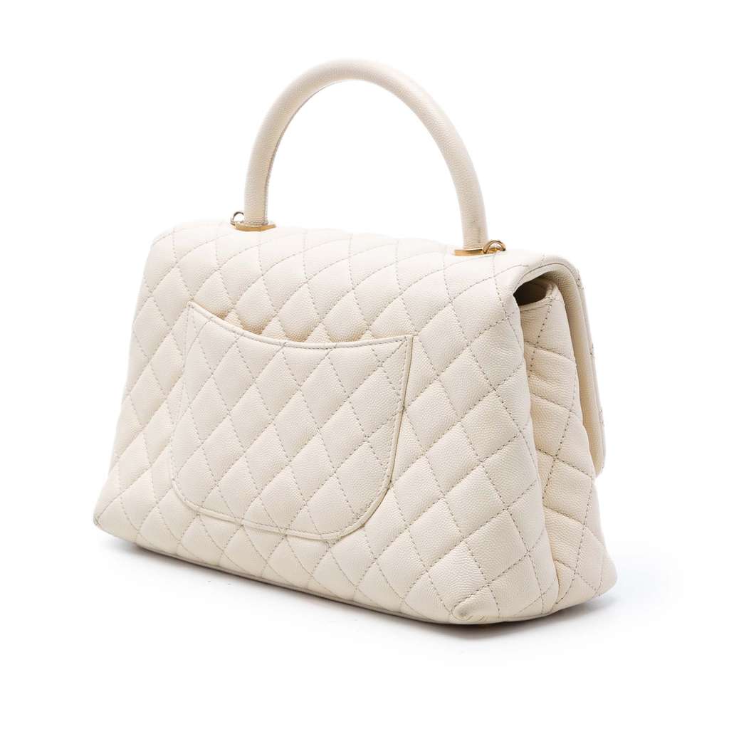 Chanel Small Quilted Caviar Coco Top Handle Bag White Leather Good condition - Back View