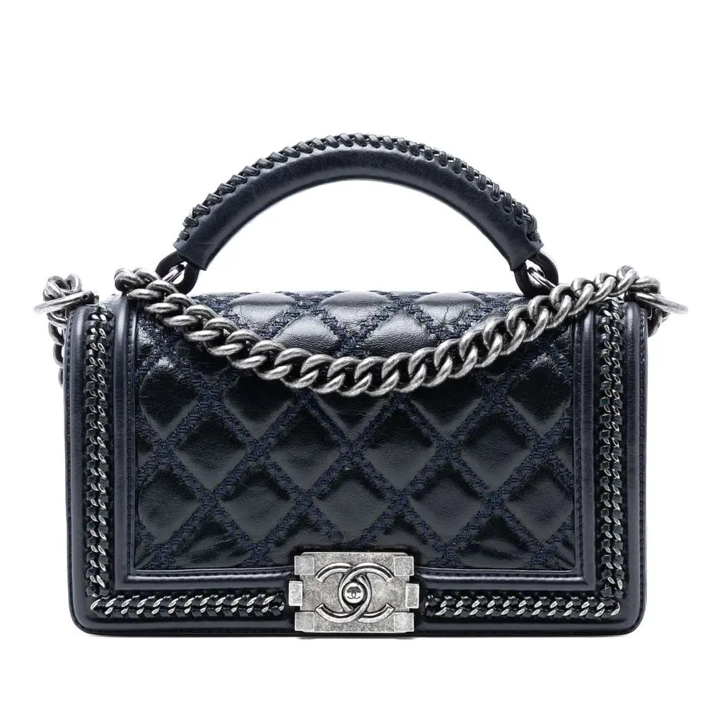 Chanel Old Medium Quilted Calfskin Whipstitch Chain Around Boy Top Handle Flap Blue Leather Very good - Front View