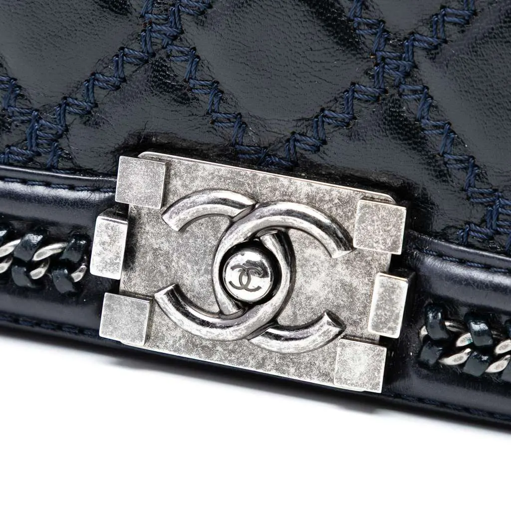 Chanel Old Medium Quilted Calfskin Whipstitch Chain Around Boy Top Handle Flap Blue Leather Very good - Box View