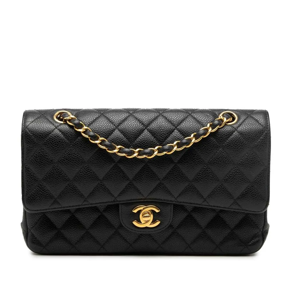 Chanel Medium Classic Caviar Double Flap Black Leather Very good - Front View