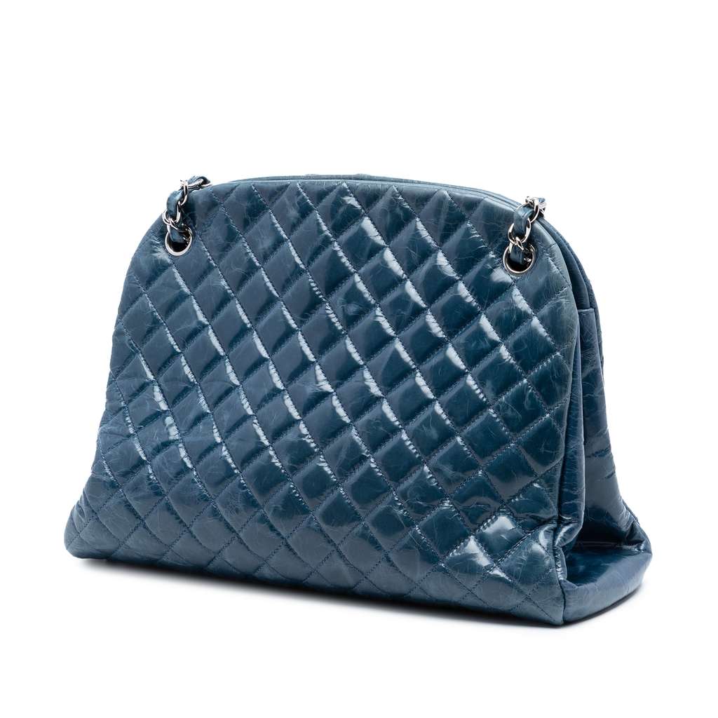 Chanel Large Quilted Crackled Patent Just Mademoiselle Bowling Bag Blue Leather Good condition - Back View