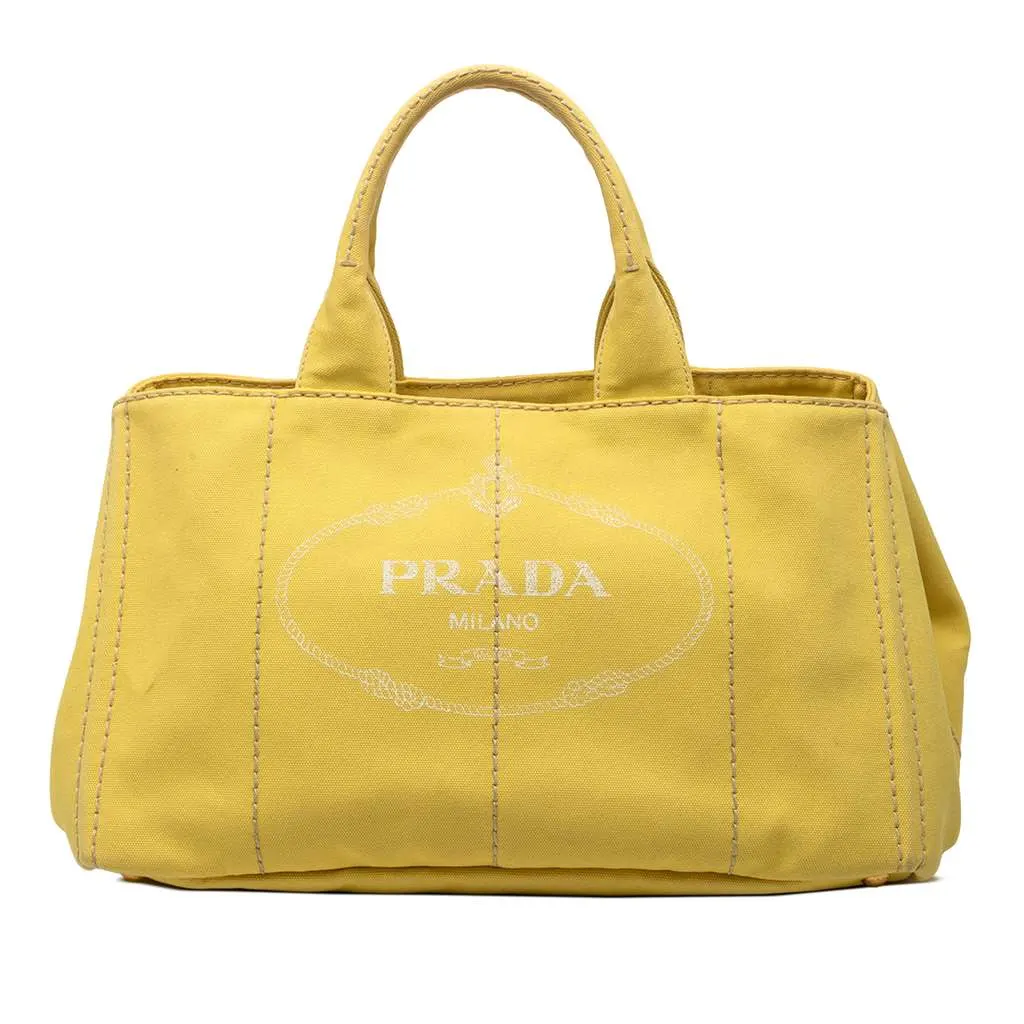 Prada Large Canvas Canapa Logo Satchel Yellow Canvas Good - Front View