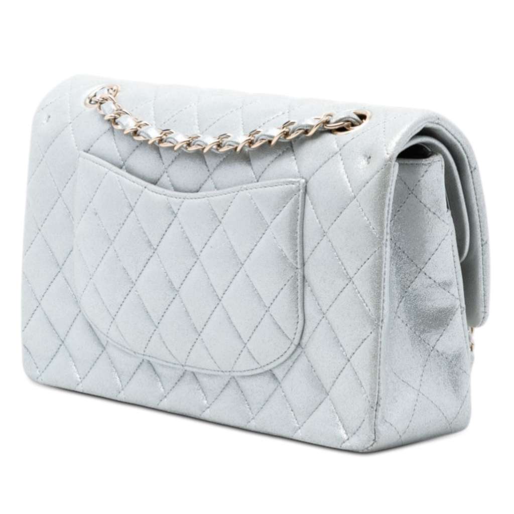 Chanel Medium Classic Iridescent Lambskin Double Flap Silver Leather Good condition - Back View
