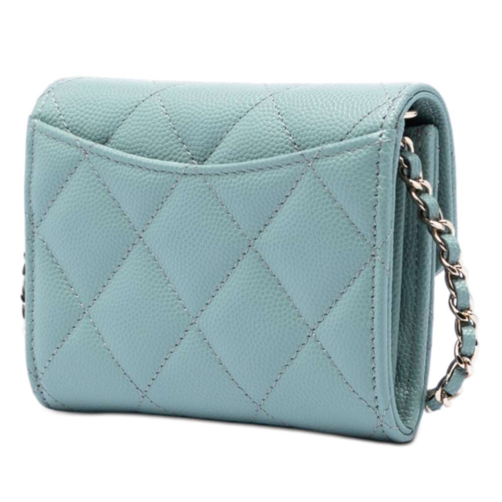 Chanel CC Quilted Caviar Flap Card Holder On Chain Blue Leather Good condition - Back View
