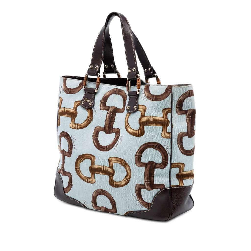 Gucci Printed Canvas Bamboo Horsebit Tote Blue Canvas Good condition - Back View