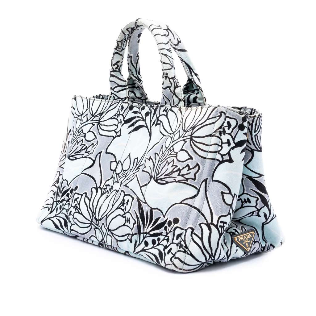 Prada Medium Floral Printed Canvas Canapa Satchel Blue Canvas Good condition - Back View