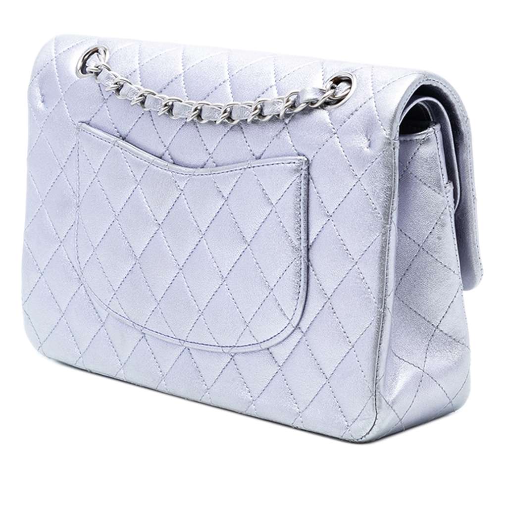 Chanel Medium Classic Metallic Lambskin Double Flap Silver Leather Good condition - Back View