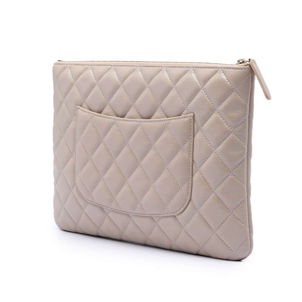 Chanel CC Iridescent Quilted Lambskin Pouch with Mini Flap Purse Beige Leather Good condition - Back View