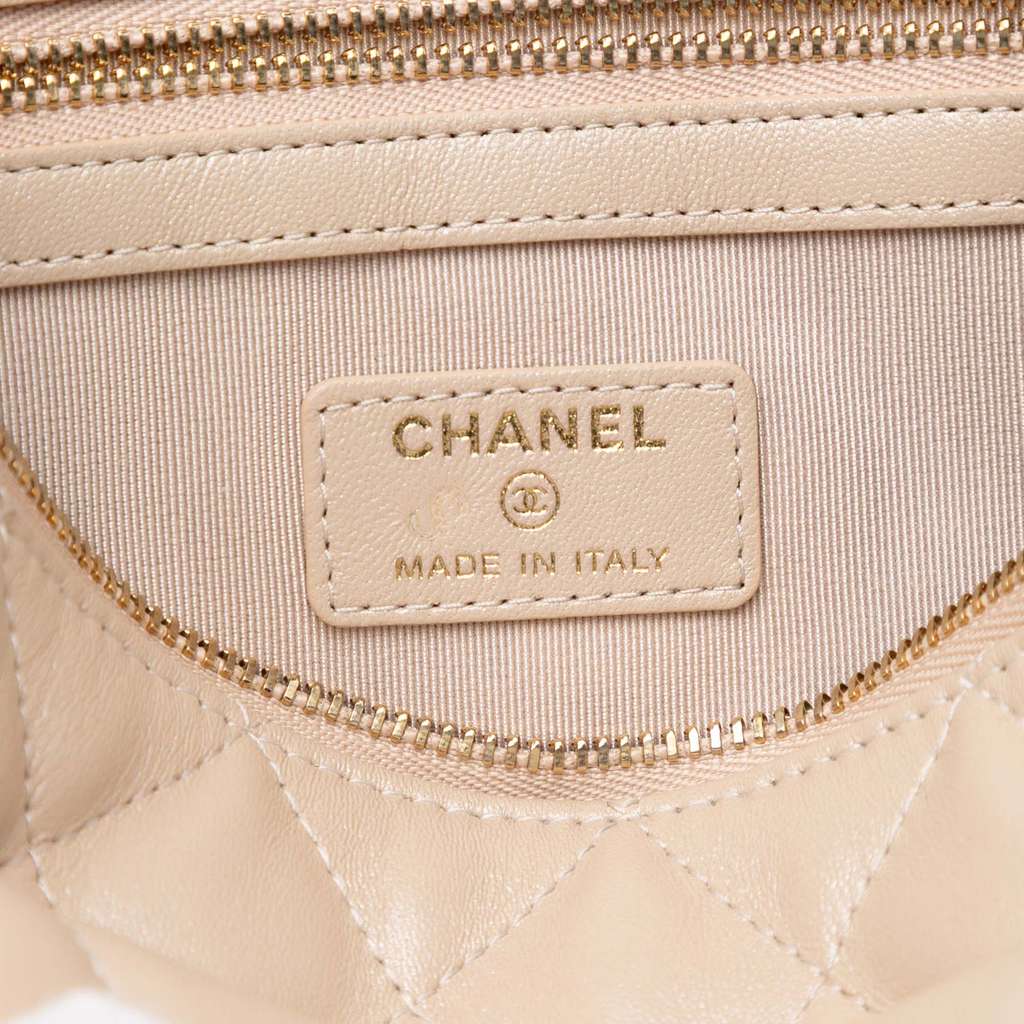 Chanel CC Iridescent Quilted Lambskin Pouch with Mini Flap Purse Beige Leather Good condition - Box View