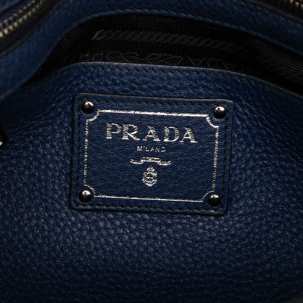 Prada Vitello Daino Zip Top Satchel Blue Leather Good condition - Box View