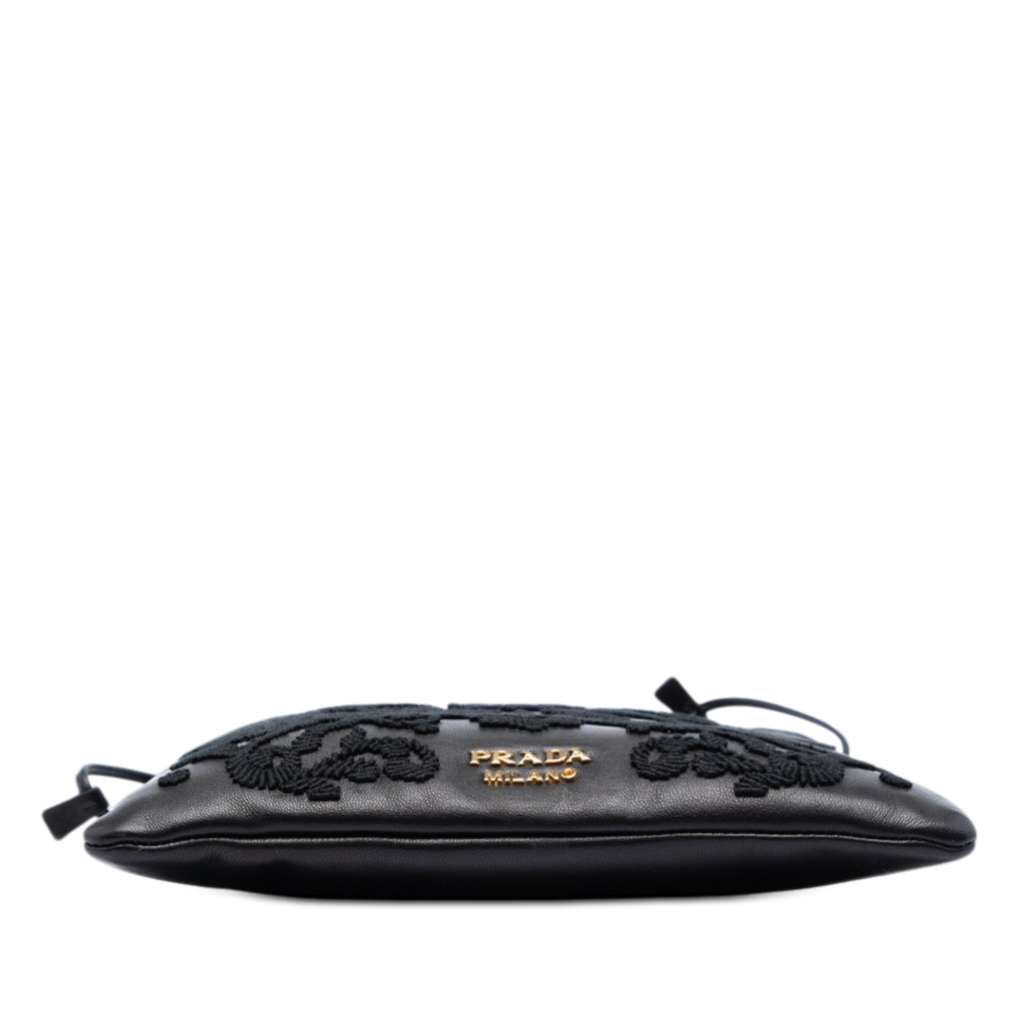 Prada Embroidered Leather Drawstring Pouch Black Leather Good condition - Inside View