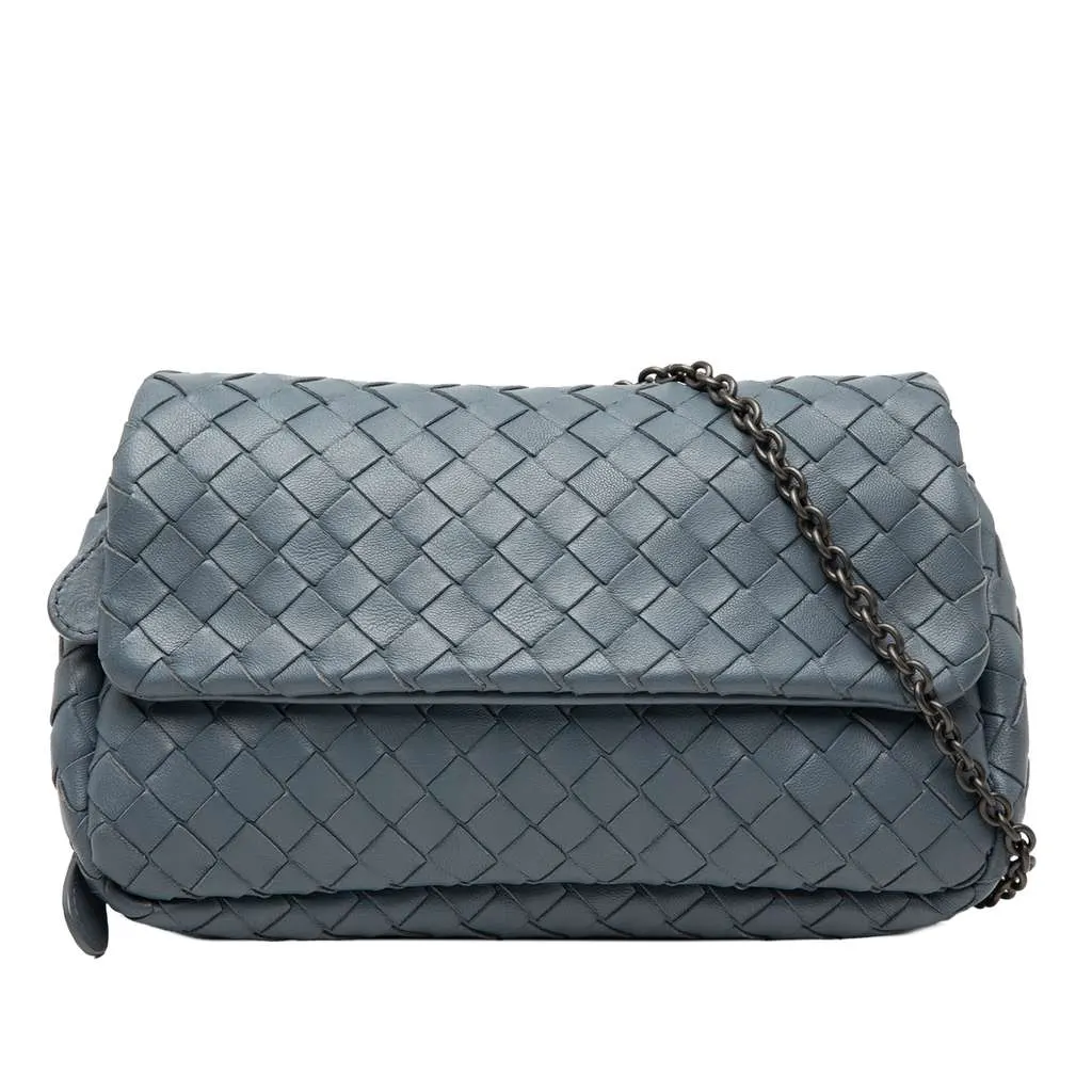 Bottega Veneta Mini Nappa Intrecciato Expandable Chain Flap Crossbody Blue Leather Very good - Front View