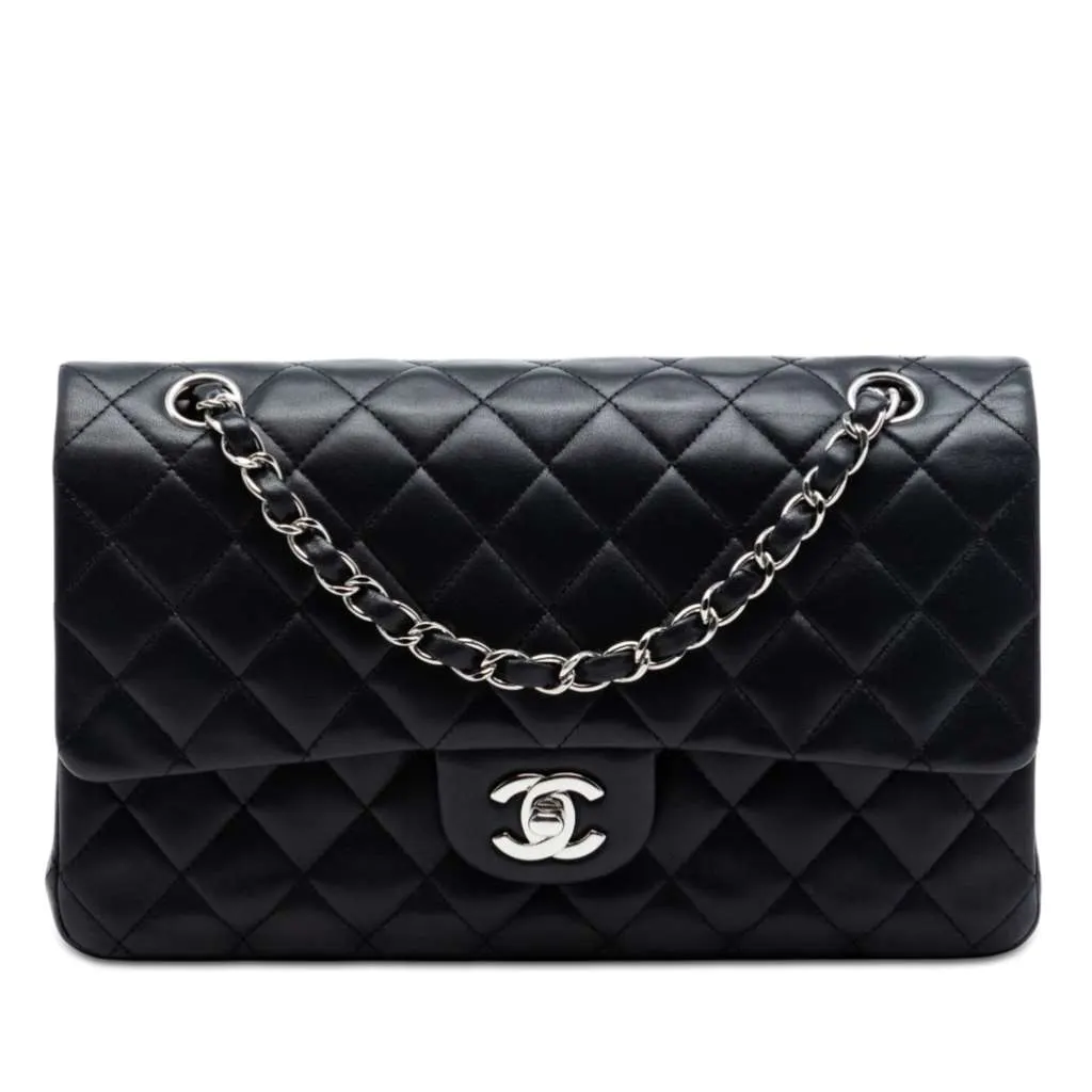Chanel Medium Classic Lambskin Double Flap Black Leather Very good - Front View