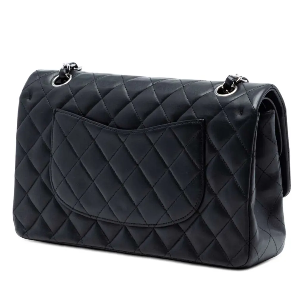 Chanel Medium Classic Lambskin Double Flap Black Leather Very good - Back View