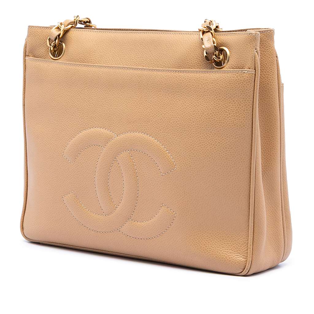 Chanel CC Caviar Front Pocket Chain Shoulder Bag Beige Leather Good condition - Back View