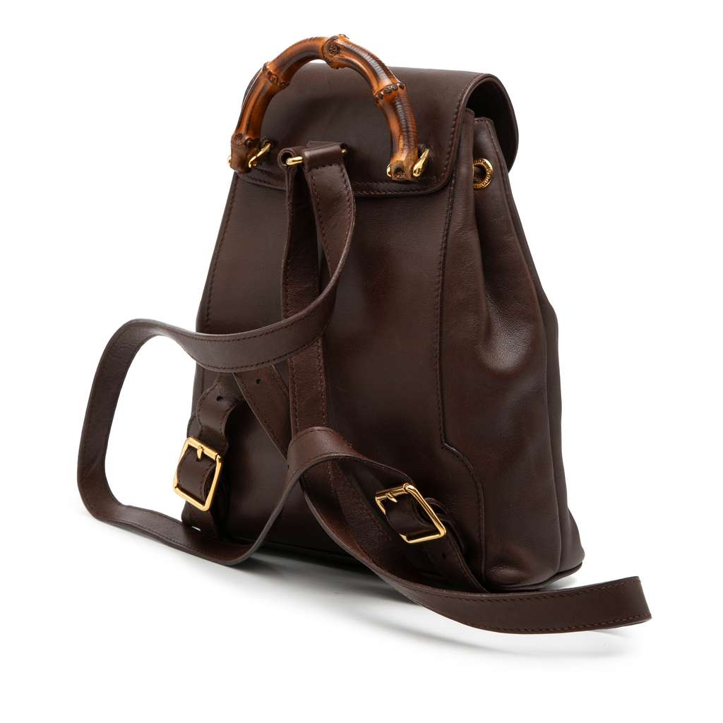 Gucci Calfskin Bamboo Drawstring Backpack Brown Leather Good condition - Back View