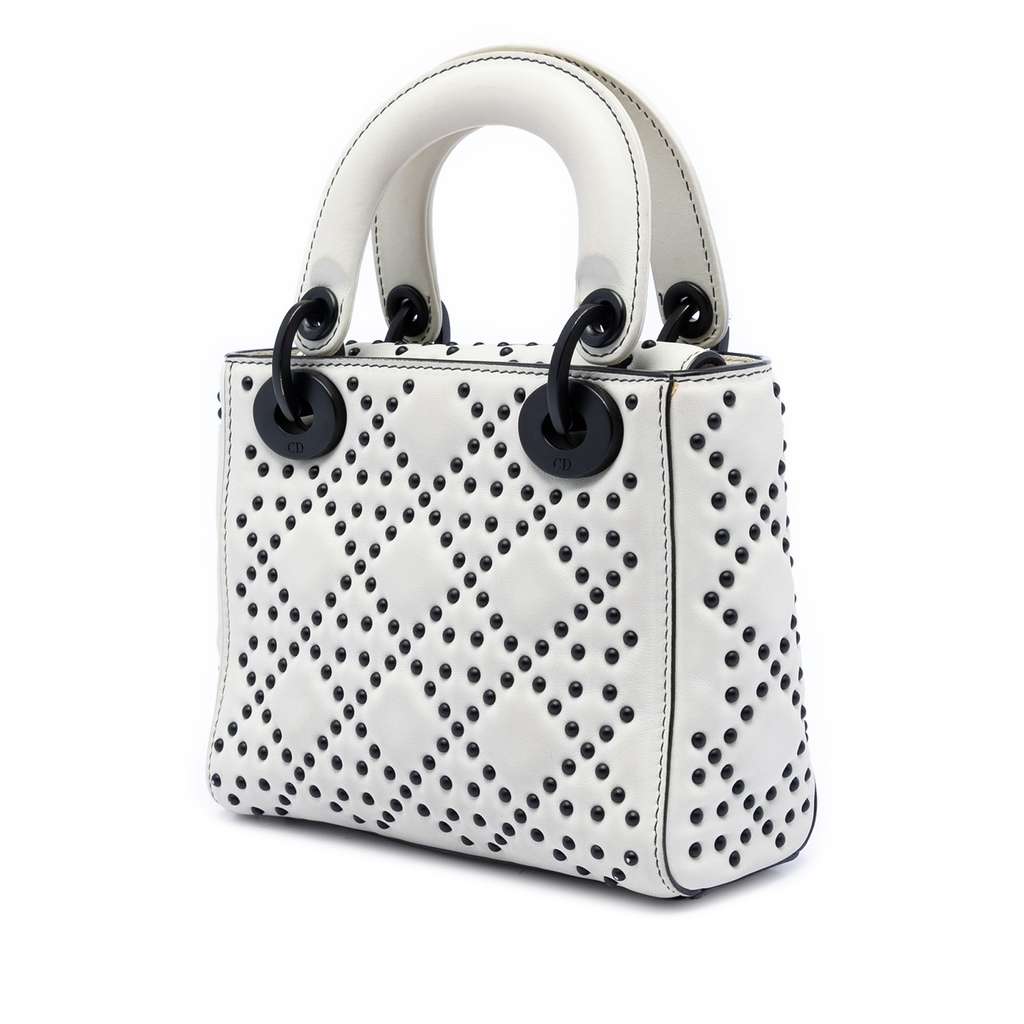 Dior Mini Ultra Matte Calfskin Cannage Studded Supple Lady Dior White Leather Good condition - Back View