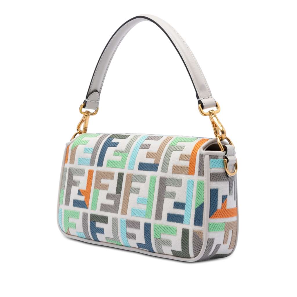 Fendi Zucca Embroidered Canvas Baguette Satchel White Canvas Good condition - Back View