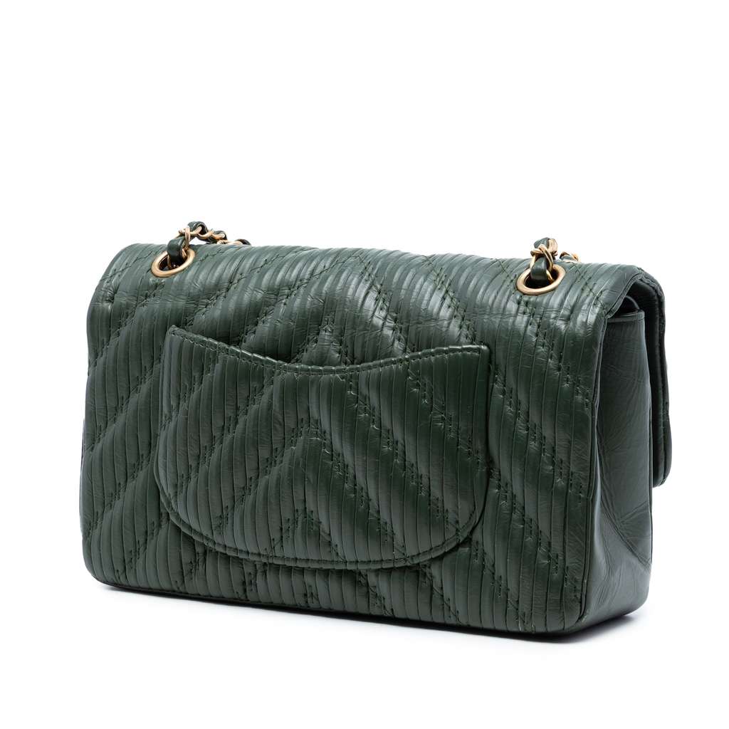 Chanel Medium Classic Chevron Calfskin Pleated Double Flap Green Leather Good condition - Back View