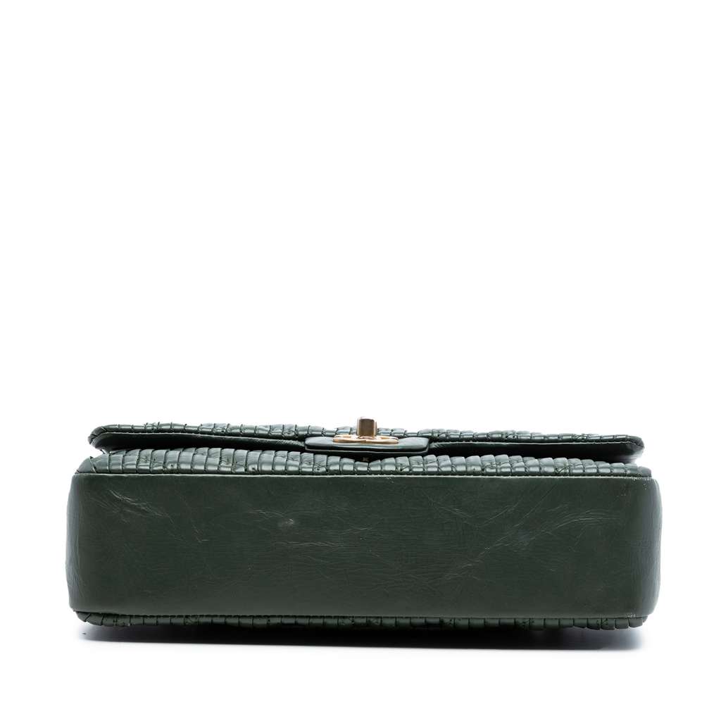 Chanel Medium Classic Chevron Calfskin Pleated Double Flap Green Leather Good condition - Inside View