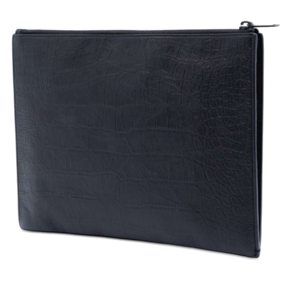 Saint Laurent Croc Embossed Leather Monogram Document Holder Black Leather Good condition - Back View