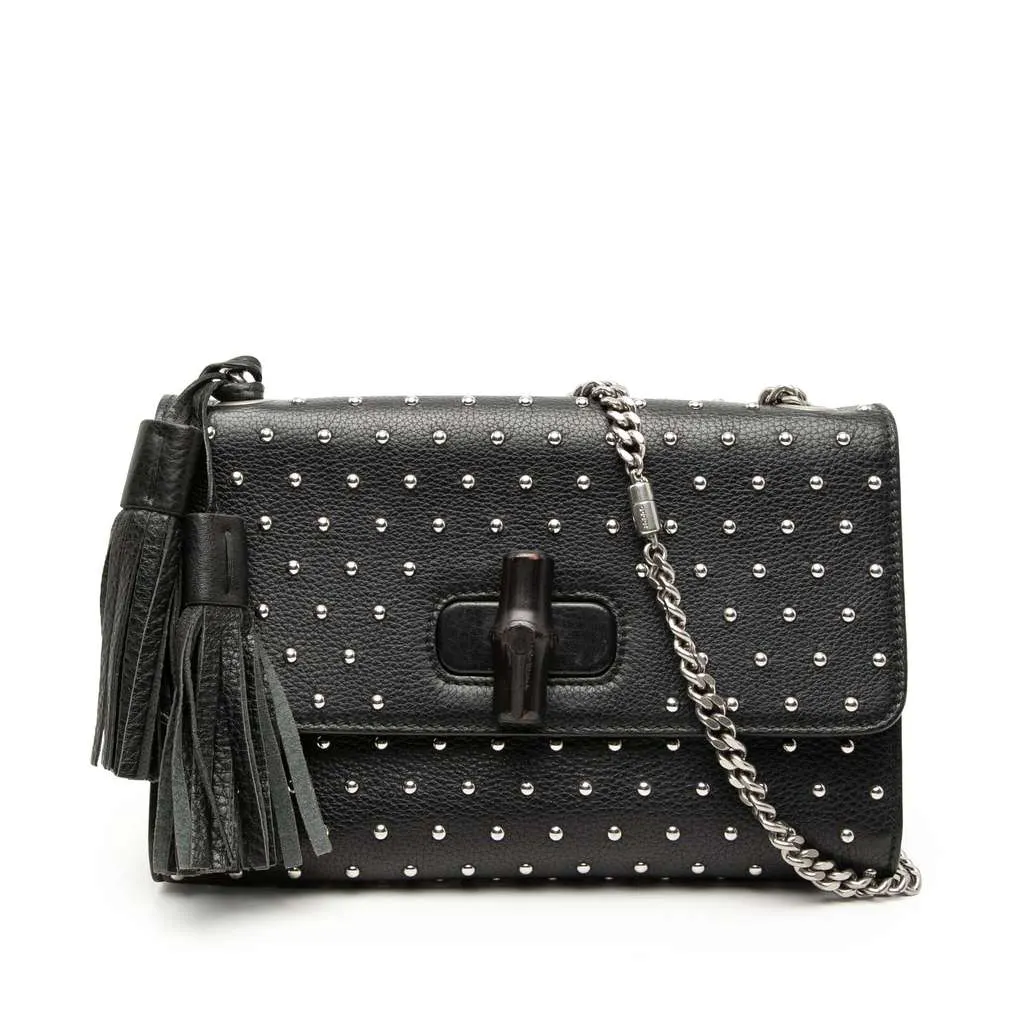 Gucci Medium Studded Leather Miss Bamboo Crossbody Black Leather Good - Front View