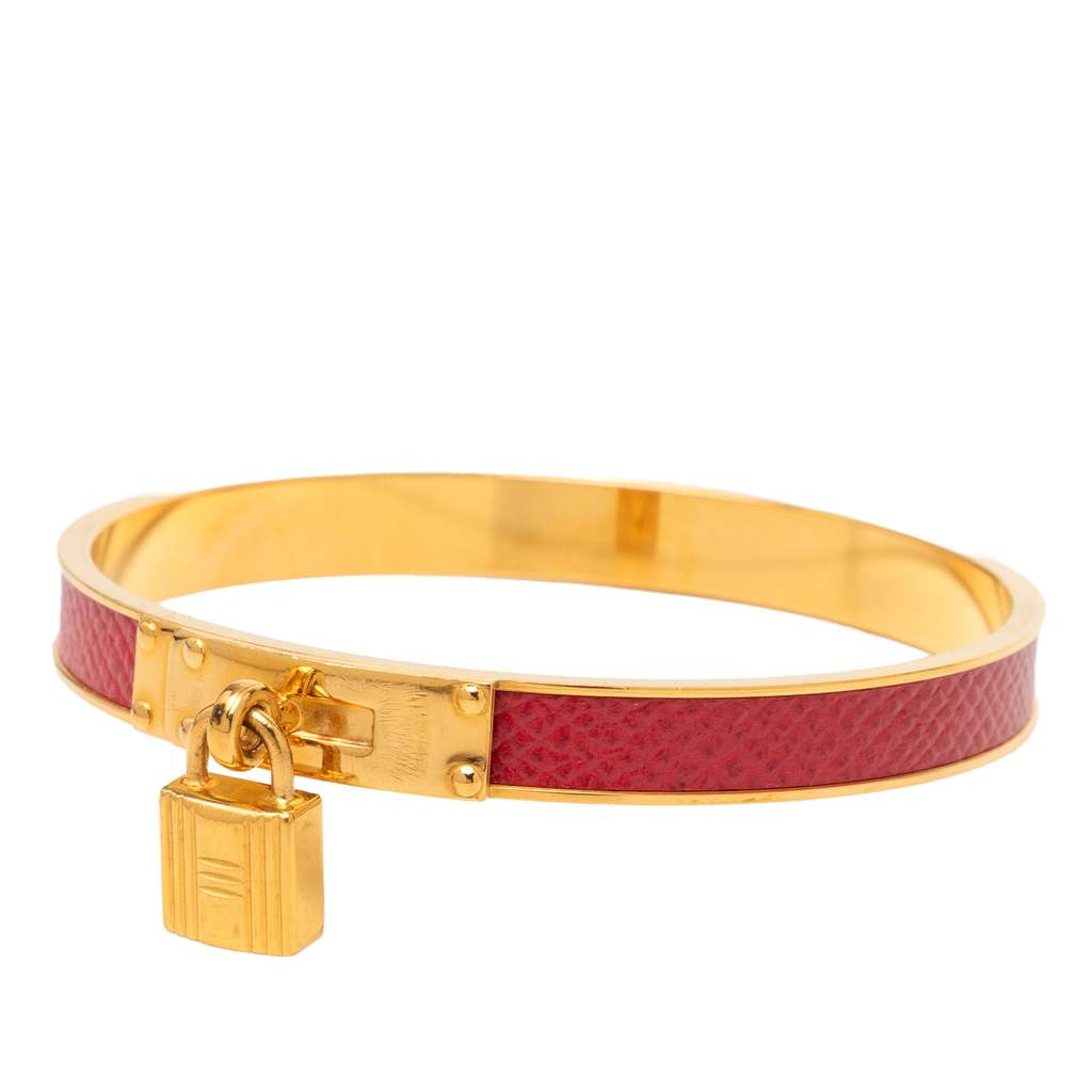Hermès Gold Plated Epsom Kelly Cadena Lock Bangle Bracelet Red Leather Good condition - Back View