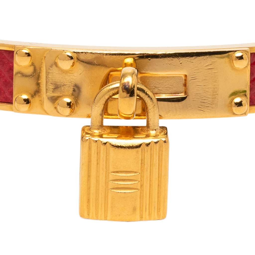 Hermès Gold Plated Epsom Kelly Cadena Lock Bangle Bracelet Red Leather Good condition - Model View