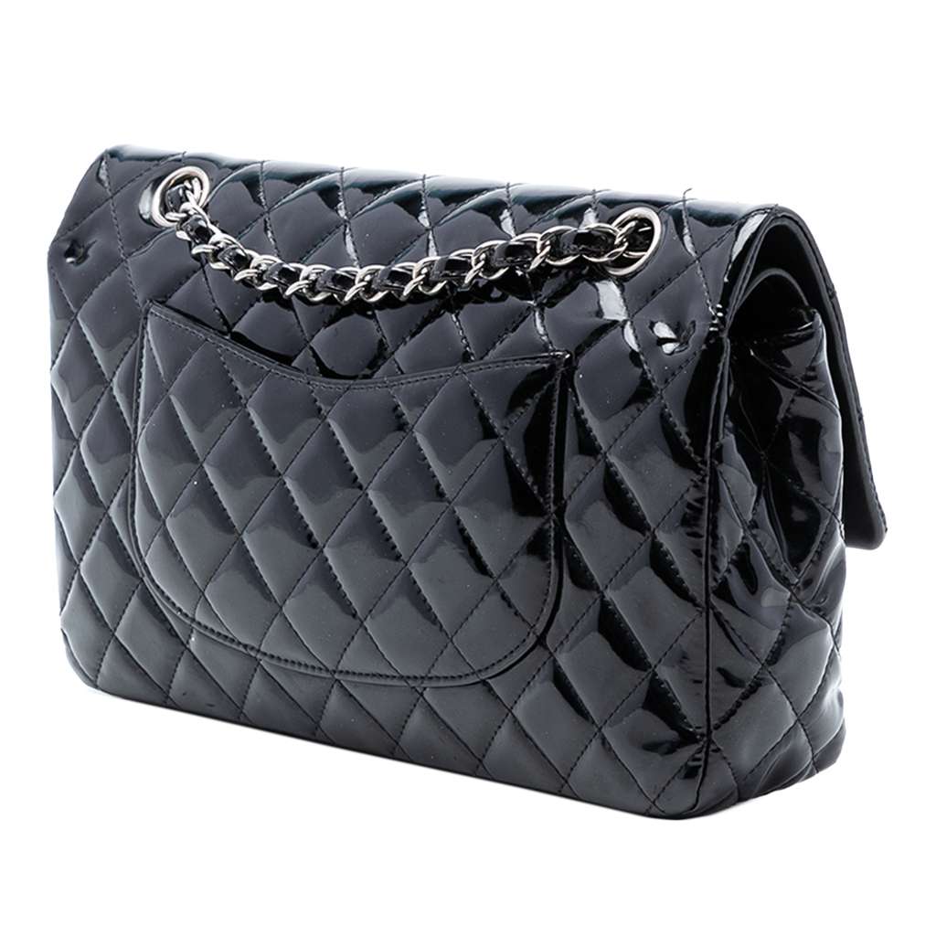 Chanel Medium Classic Patent Double Flap Black Leather Good condition - Back View