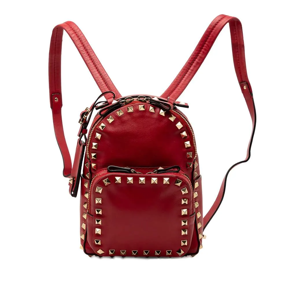 Valentino Mini Calfskin Rockstud Backpack Red Leather Very good - Front View