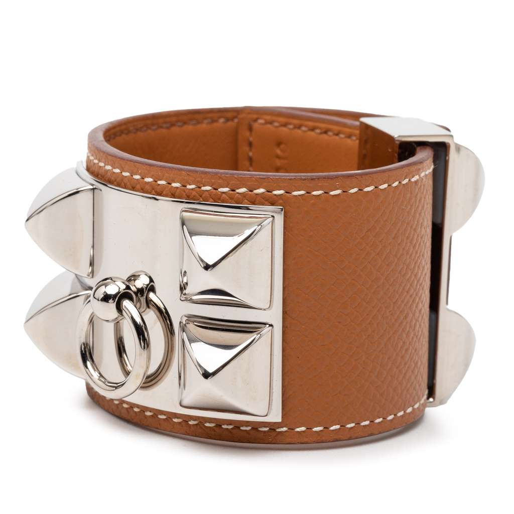 Hermès Palladium Plated Epsom Collier de Chien Bracelet T1 Brown Leather Good condition - Back View