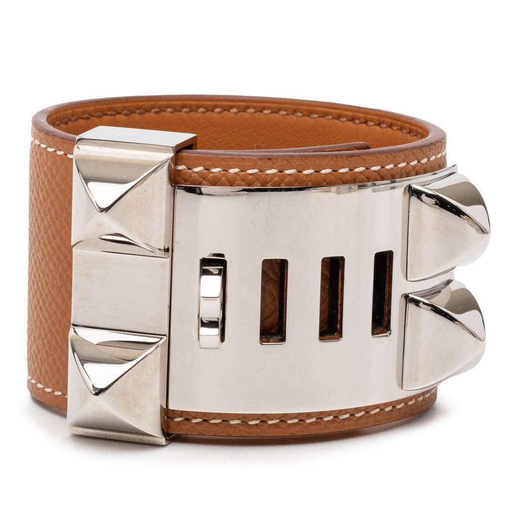 Hermès Palladium Plated Epsom Collier de Chien Bracelet T1 Brown Leather Good condition - Inside View