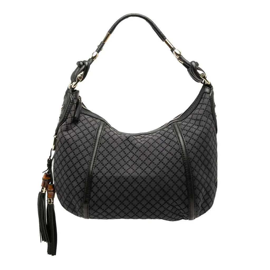 Gucci Medium Diamante Canvas Techno Horsebit Hobo Grey Canvas Good - Front View