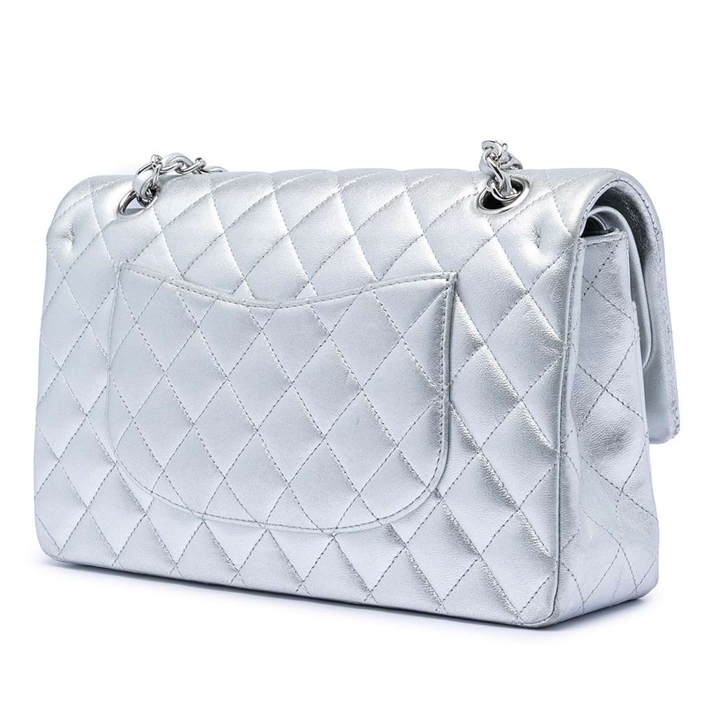 Chanel Medium Classic Metallic Lambskin Double Flap Silver Leather Good condition - Back View