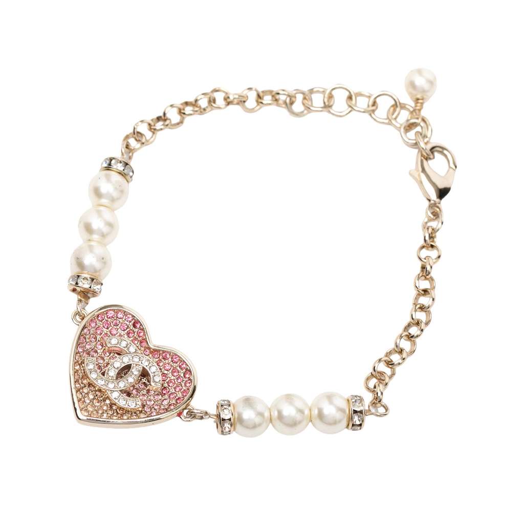 Chanel CC Gold Plated Resin Crystal Faux Pearl Chain Heart Bracelet Gold Metal Good condition - Back View