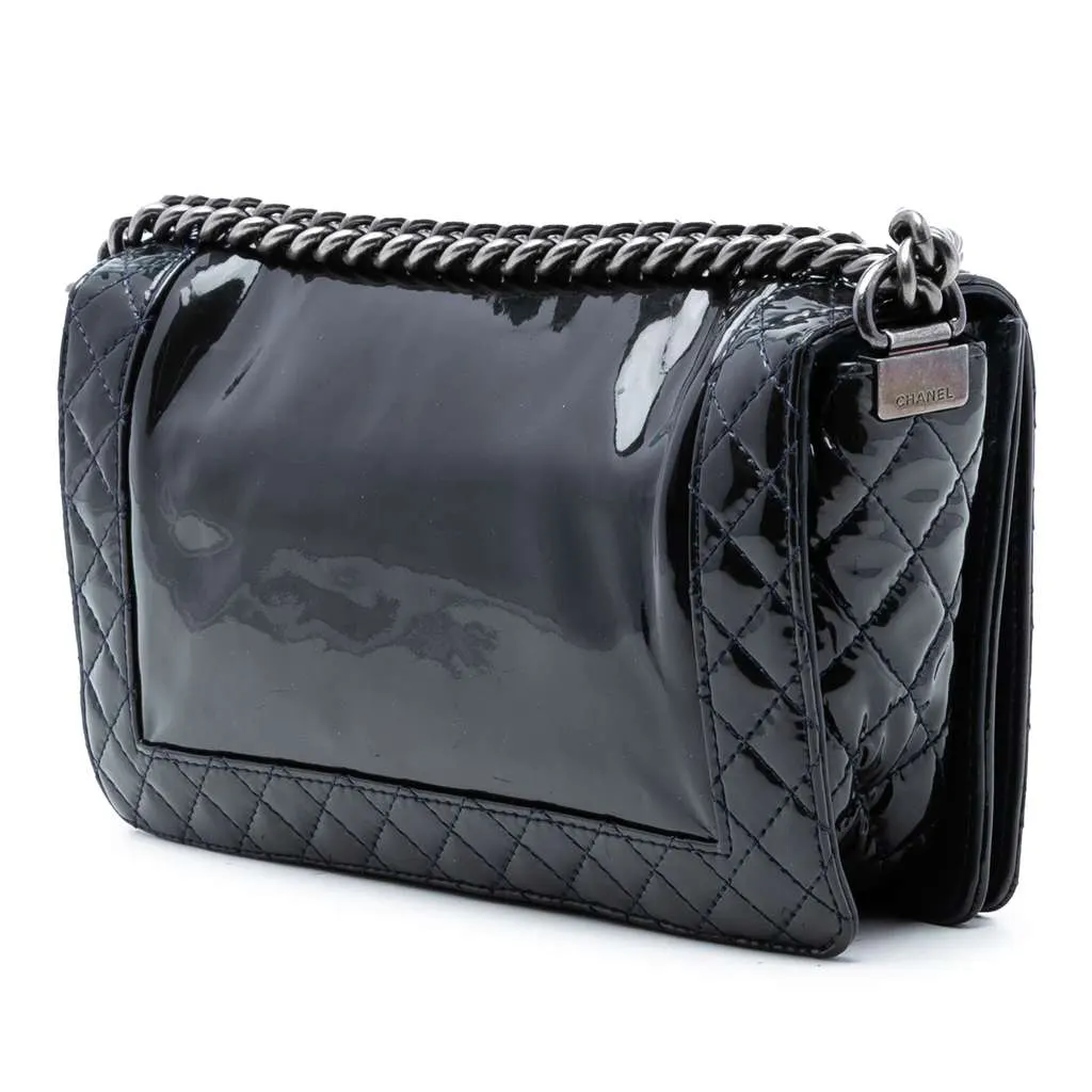 Chanel Medium Patent Boy Reverso Flap Black Leather Very good - Back View