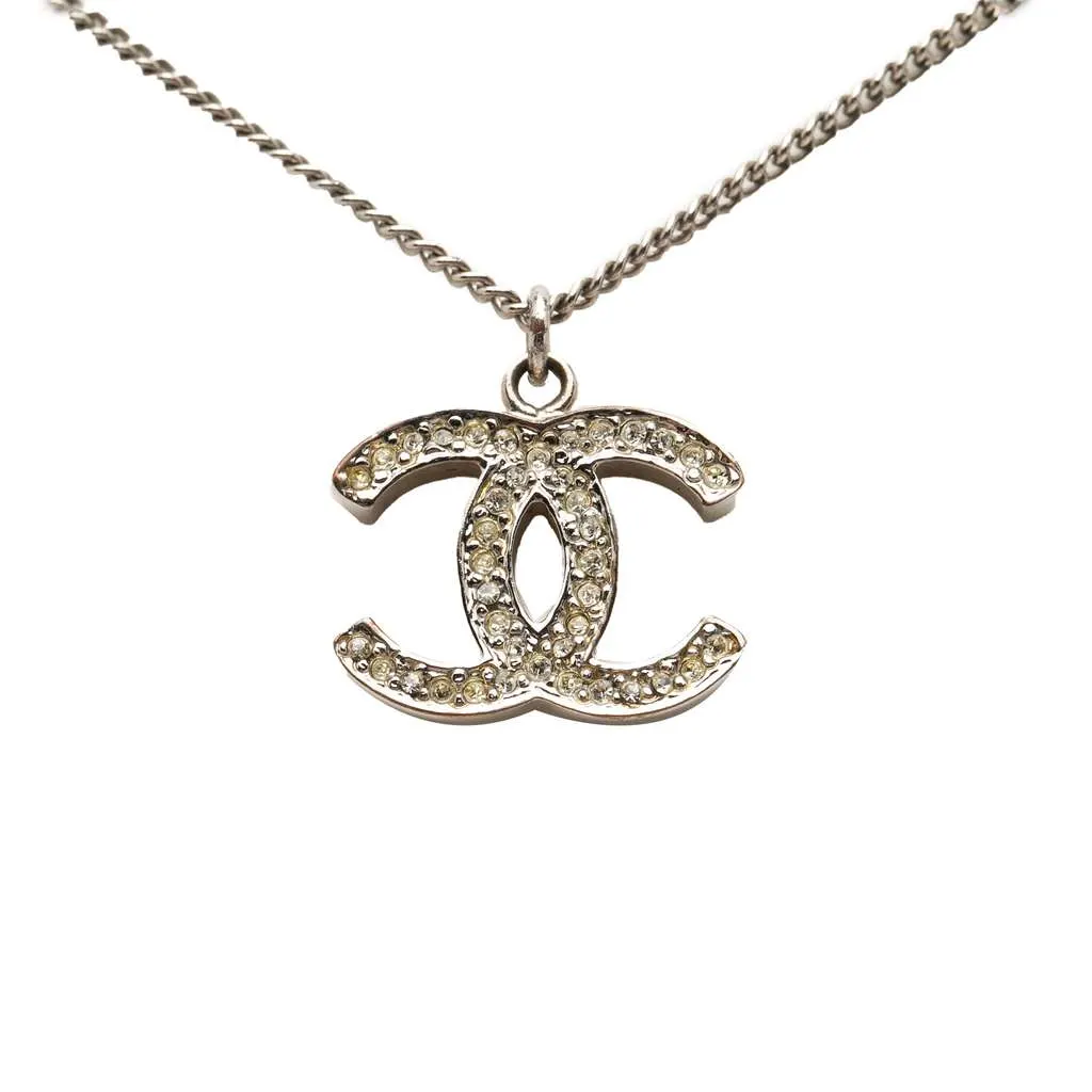 Chanel CC Silver Plated Rhinestone Pendant Necklace Silver Metal Very good - Front View