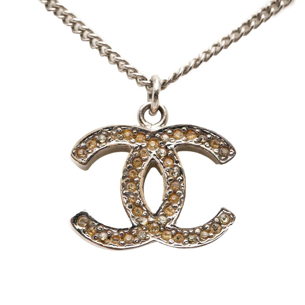 Chanel CC Silver Plated Rhinestone Pendant Necklace Silver Metal Good condition - Back View
