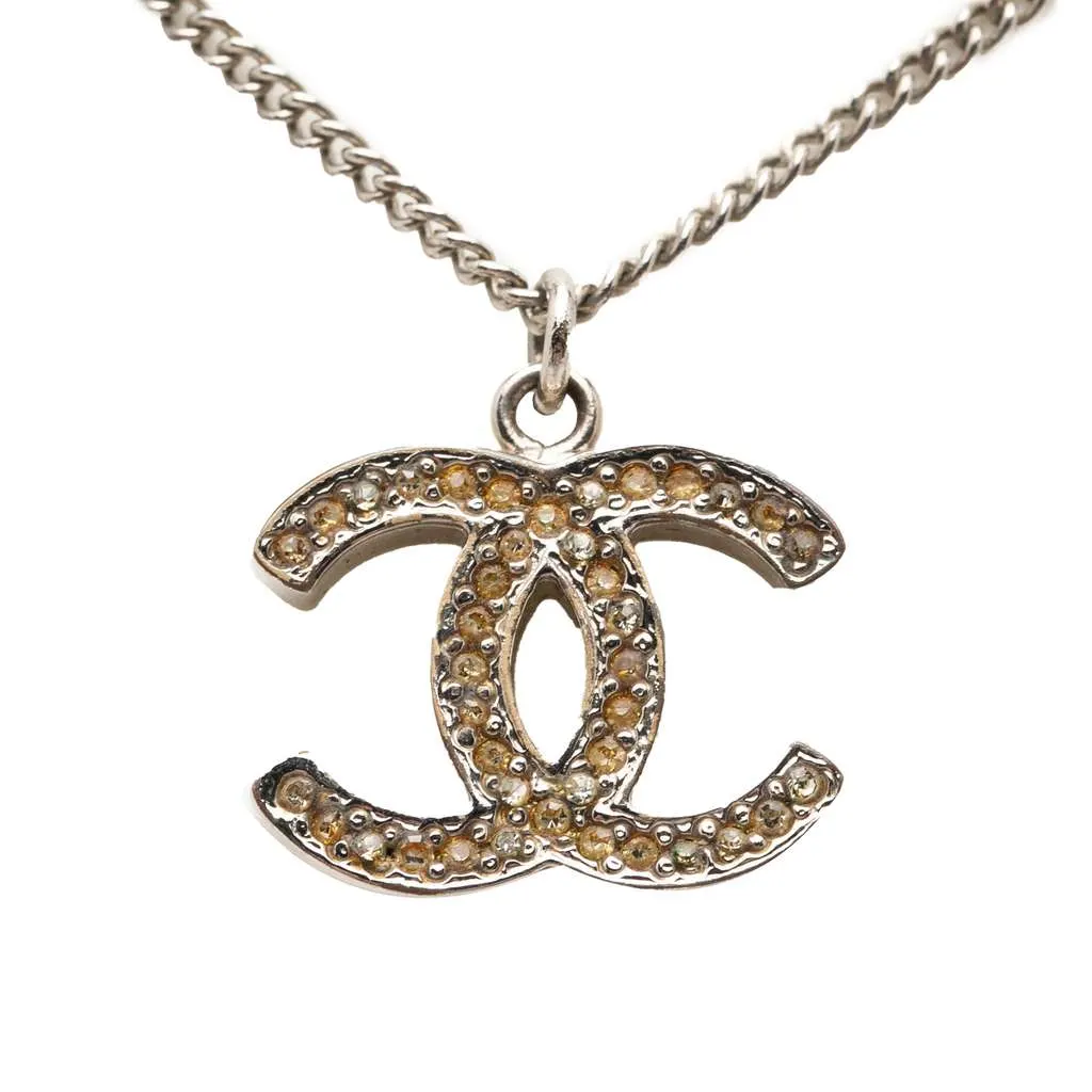 Chanel CC Silver Plated Rhinestone Pendant Necklace Silver Metal Very good - Back View