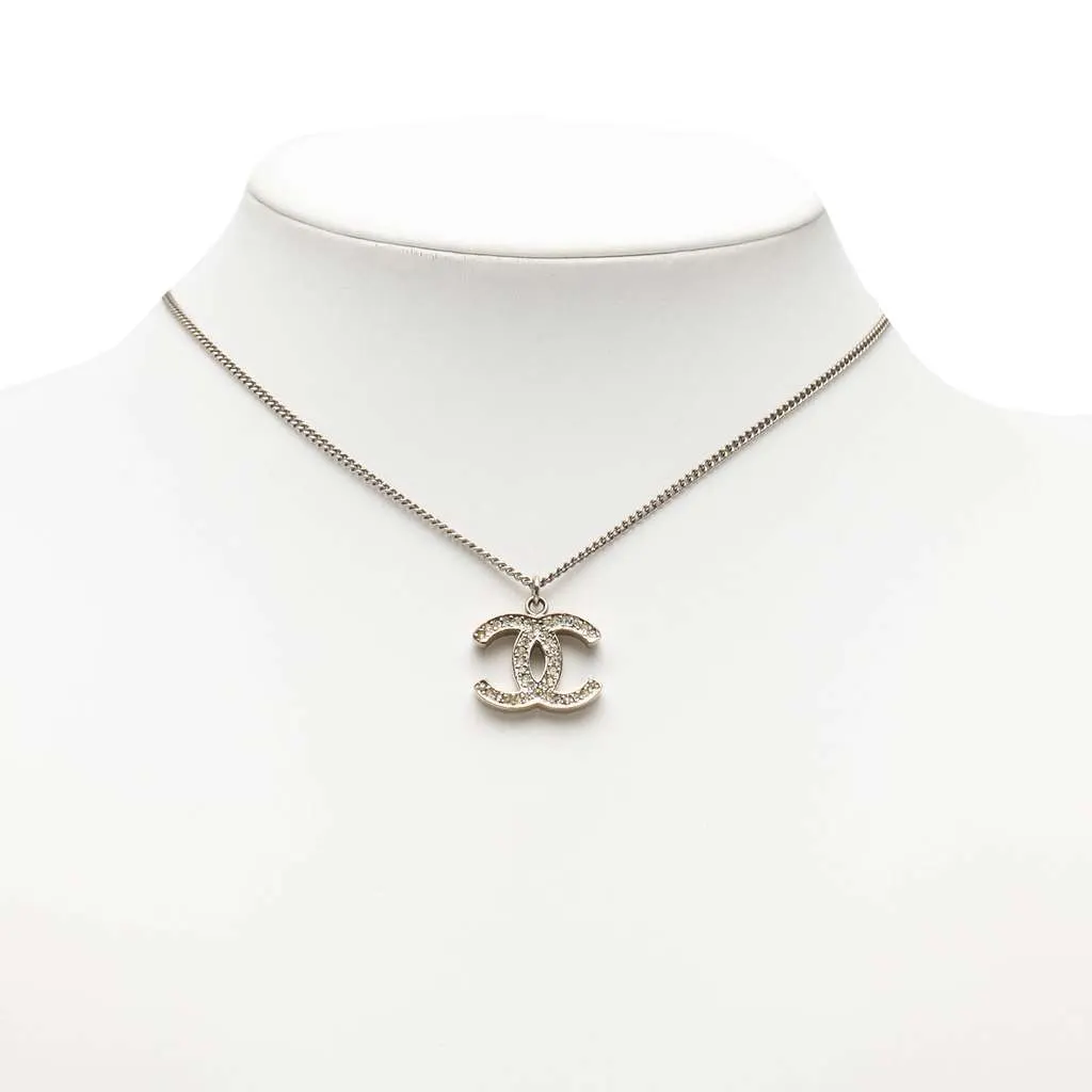 Chanel CC Silver Plated Rhinestone Pendant Necklace Silver Metal Very good - Box View