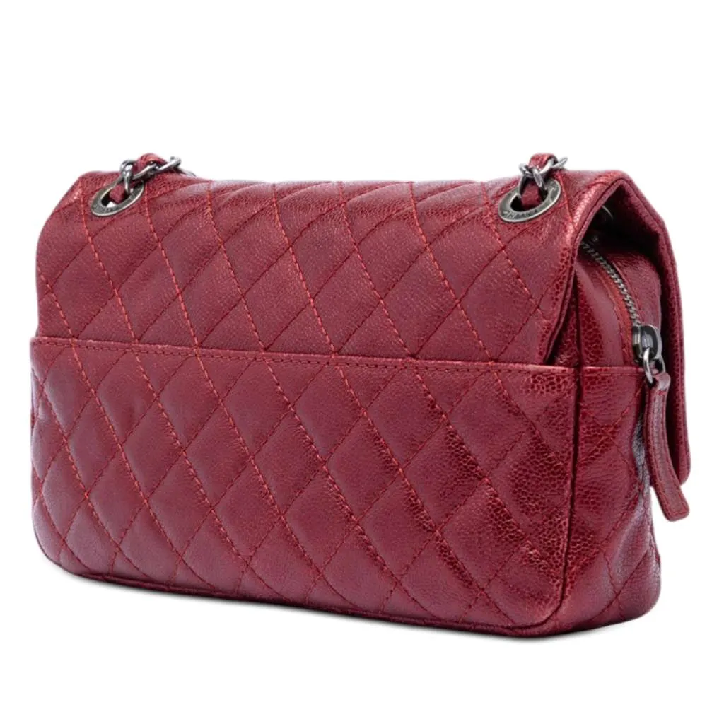 Chanel Medium Quilted Iridescent Caviar Easy Flap Red Leather Very good - Back View