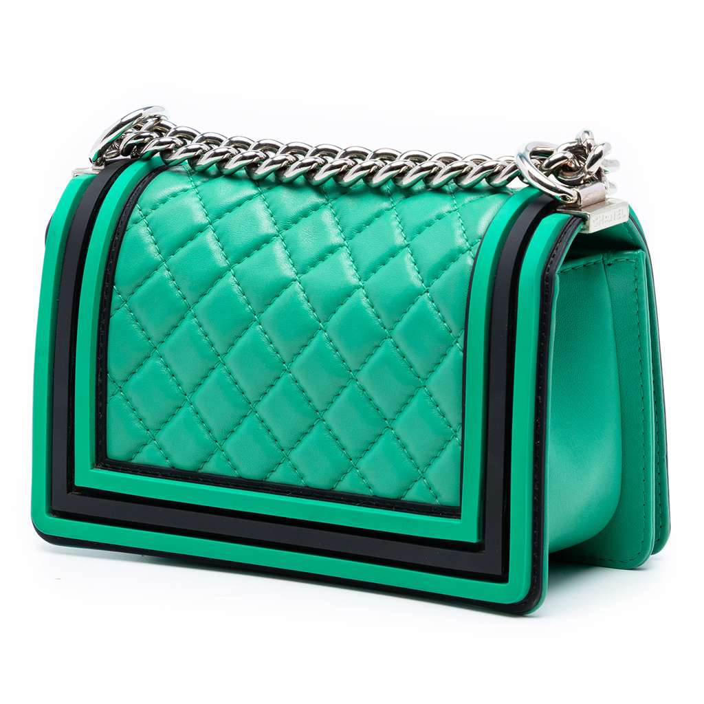 Chanel Small Bicolor Quilted Lambskin and Rubber Boy Flap Green Leather Good condition - Back View
