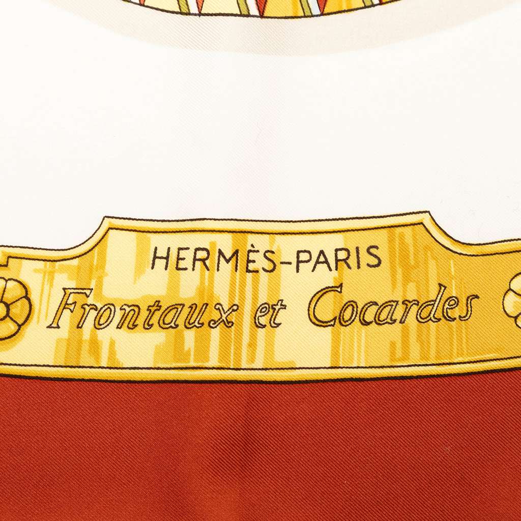 Hermès Frontaux et Cocardes Silk Scarf 90 White Silk Good condition - Inside View