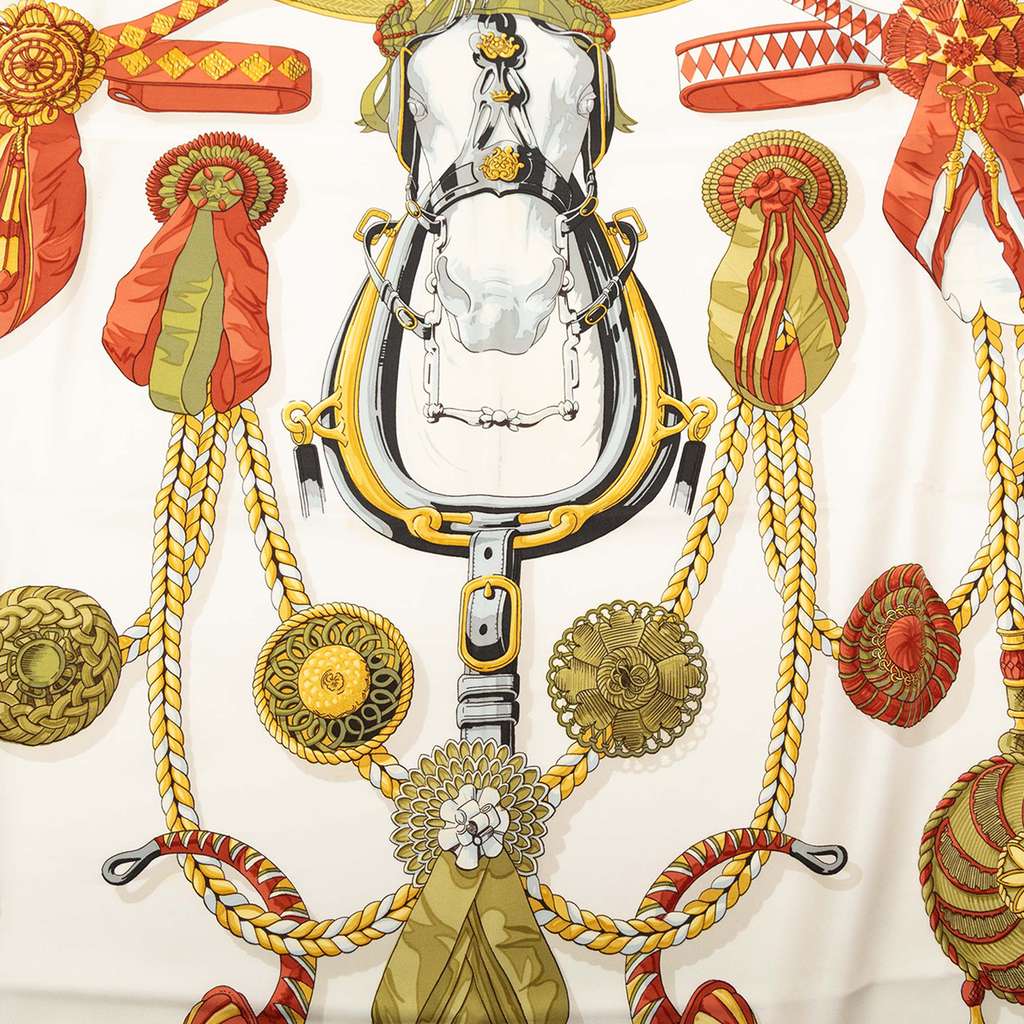 Hermès Frontaux et Cocardes Silk Scarf 90 White Silk Good condition - Box View